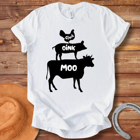 Black t-shirt with the words 'Cluck', 'Oink', and 'Moo' in white lettering.