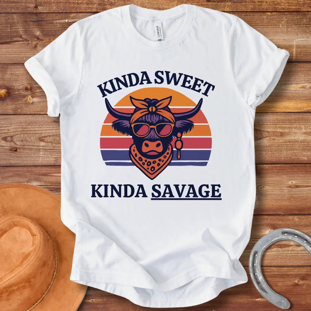Retro t-shirt with a cool cow graphic, sunglasses, bandana, and the words 'Kinda Sweet, Kinda Savage' in a sunset background.