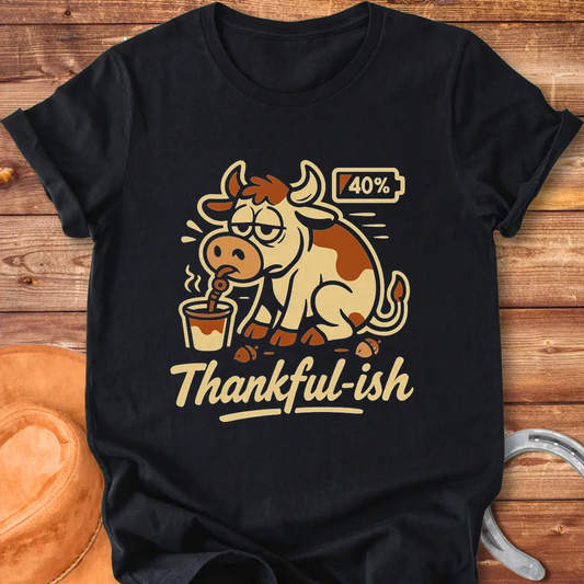 Tired cow drinking coffee, the words Thankful-ish underneath. A fun and relatable design for cow lovers.