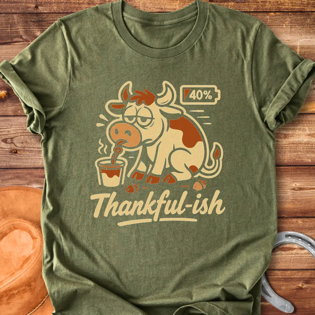 Tired cow drinking coffee, the words Thankful-ish underneath. A fun and relatable design for cow lovers.