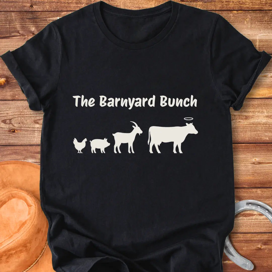 Silhouette design of barnyard animals including chicken, pig, goat, and a cow with a halo.