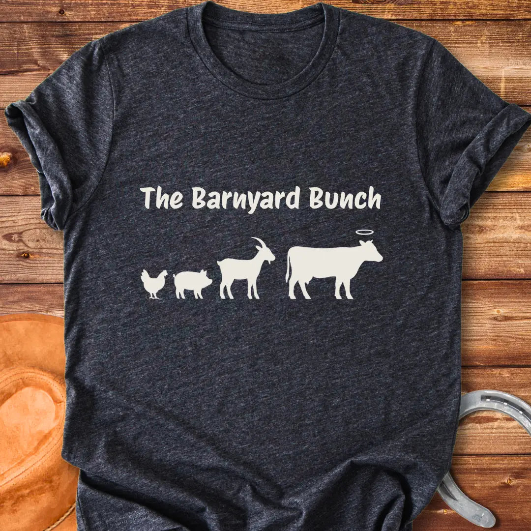 Silhouette design of barnyard animals including chicken, pig, goat, and a cow with a halo.