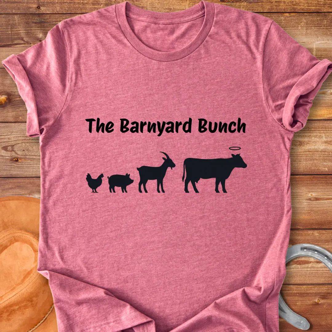 Silhouette design of barnyard animals including chicken, pig, goat, and a cow with a halo.