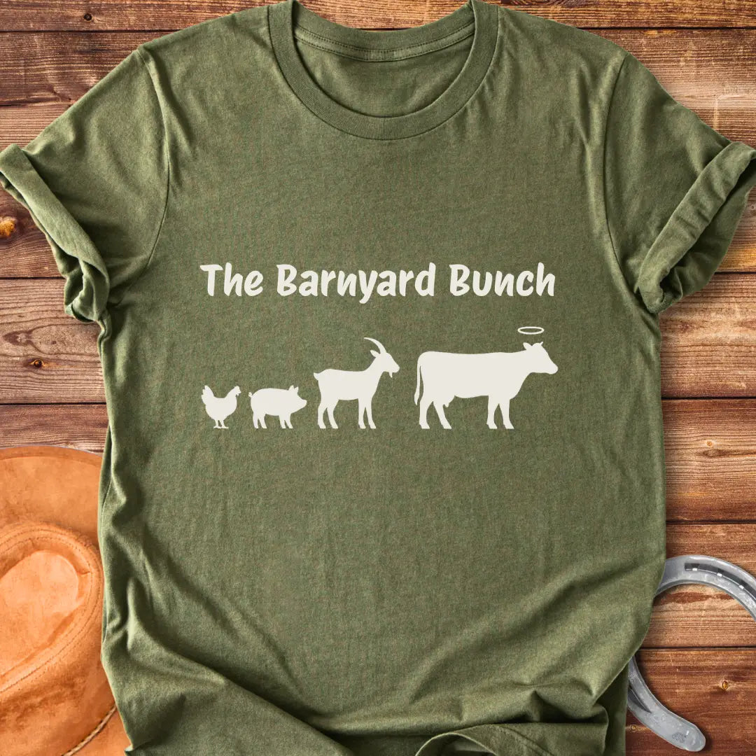 Silhouette design of barnyard animals including chicken, pig, goat, and a cow with a halo.
