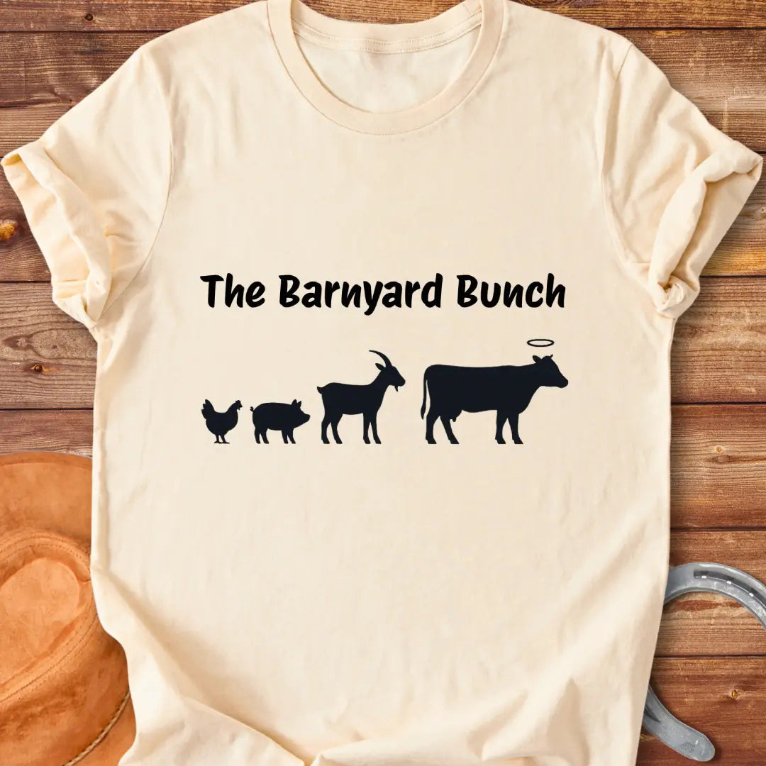 Silhouette design of barnyard animals including chicken, pig, goat, and a cow with a halo.