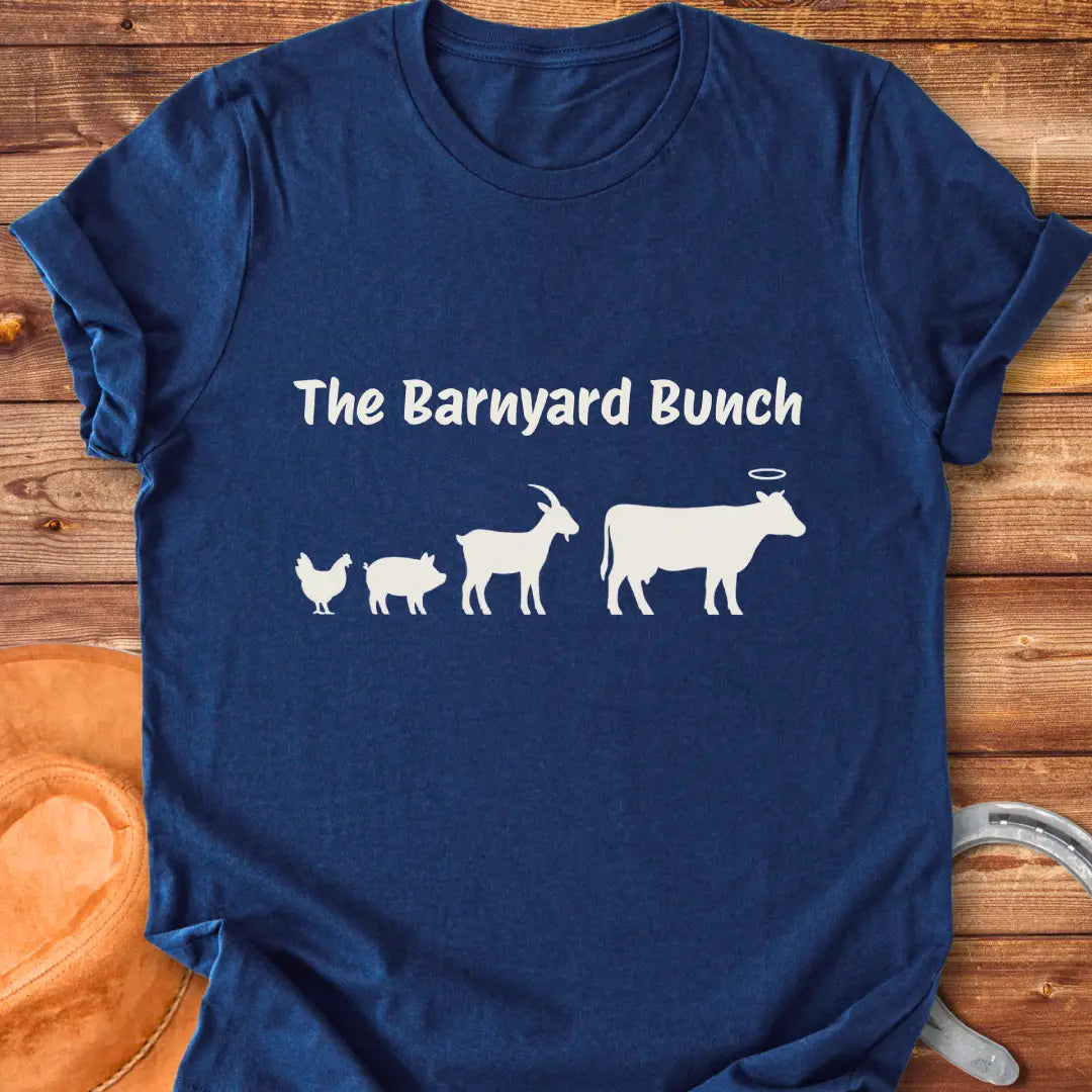 Silhouette design of barnyard animals including chicken, pig, goat, and a cow with a halo.