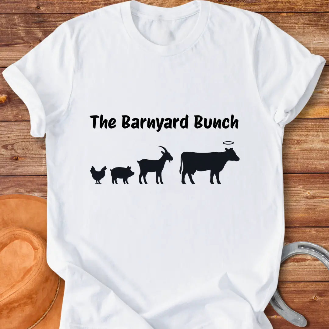 Silhouette design of barnyard animals including chicken, pig, goat, and a cow with a halo.