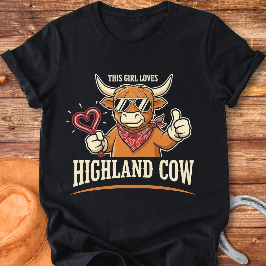 Cartoon Highland cow wearing sunglasses, bandana, and holding a heart