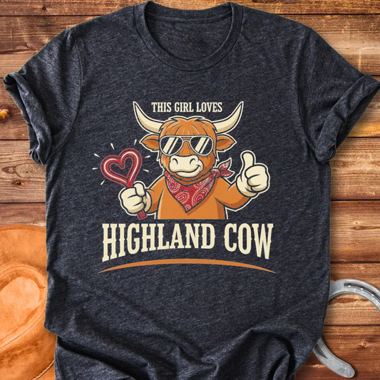 Cartoon Highland cow wearing sunglasses, bandana, and holding a heart