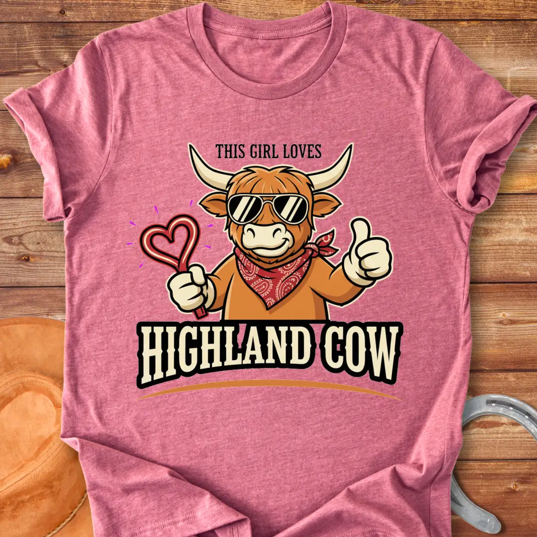 Cartoon Highland cow wearing sunglasses, bandana, and holding a heart