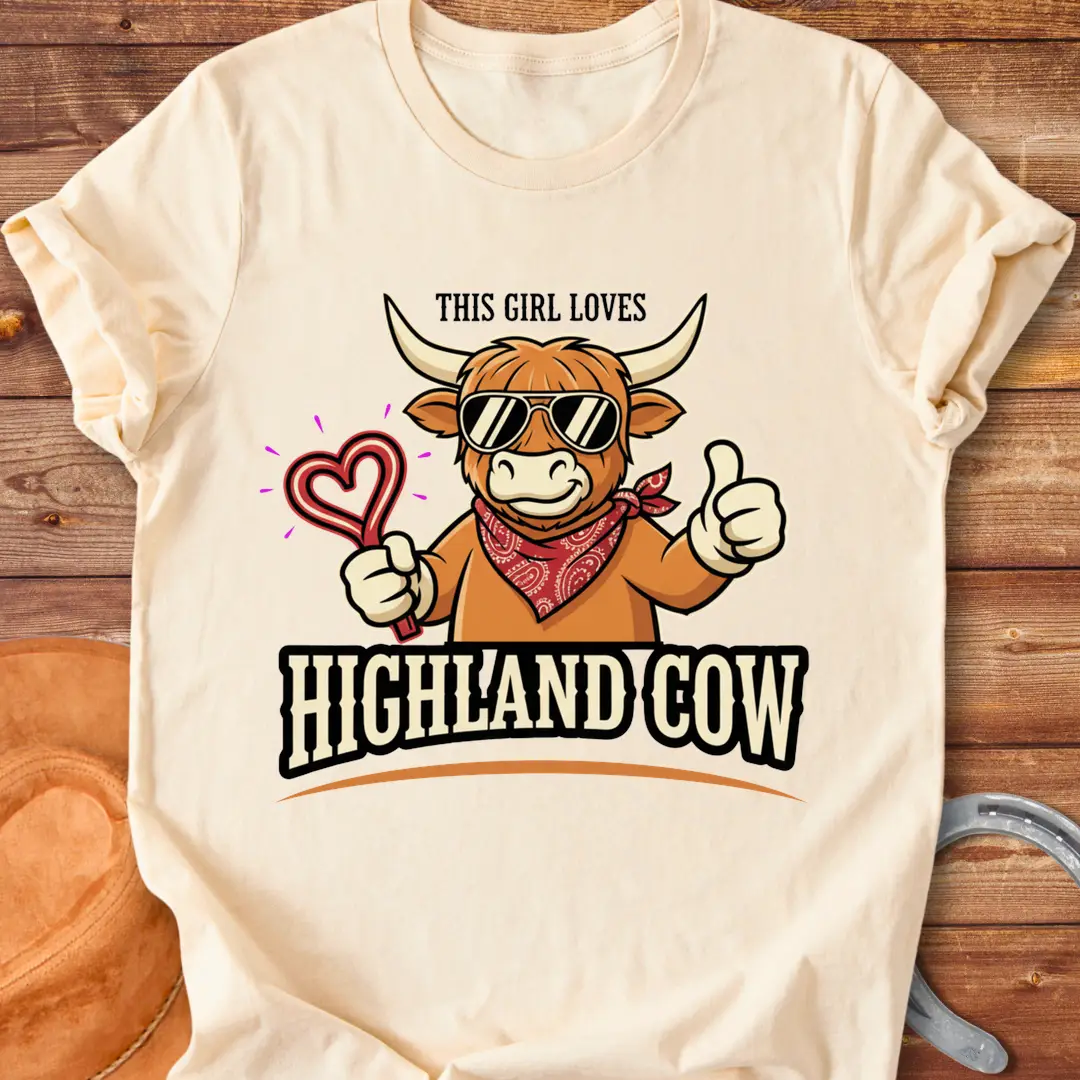 Cartoon Highland cow wearing sunglasses, bandana, and holding a heart
