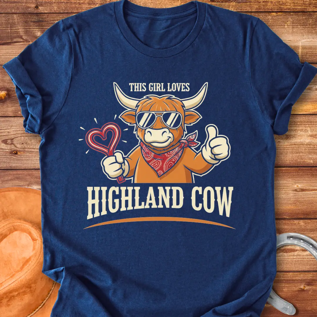 Cartoon Highland cow wearing sunglasses, bandana, and holding a heart