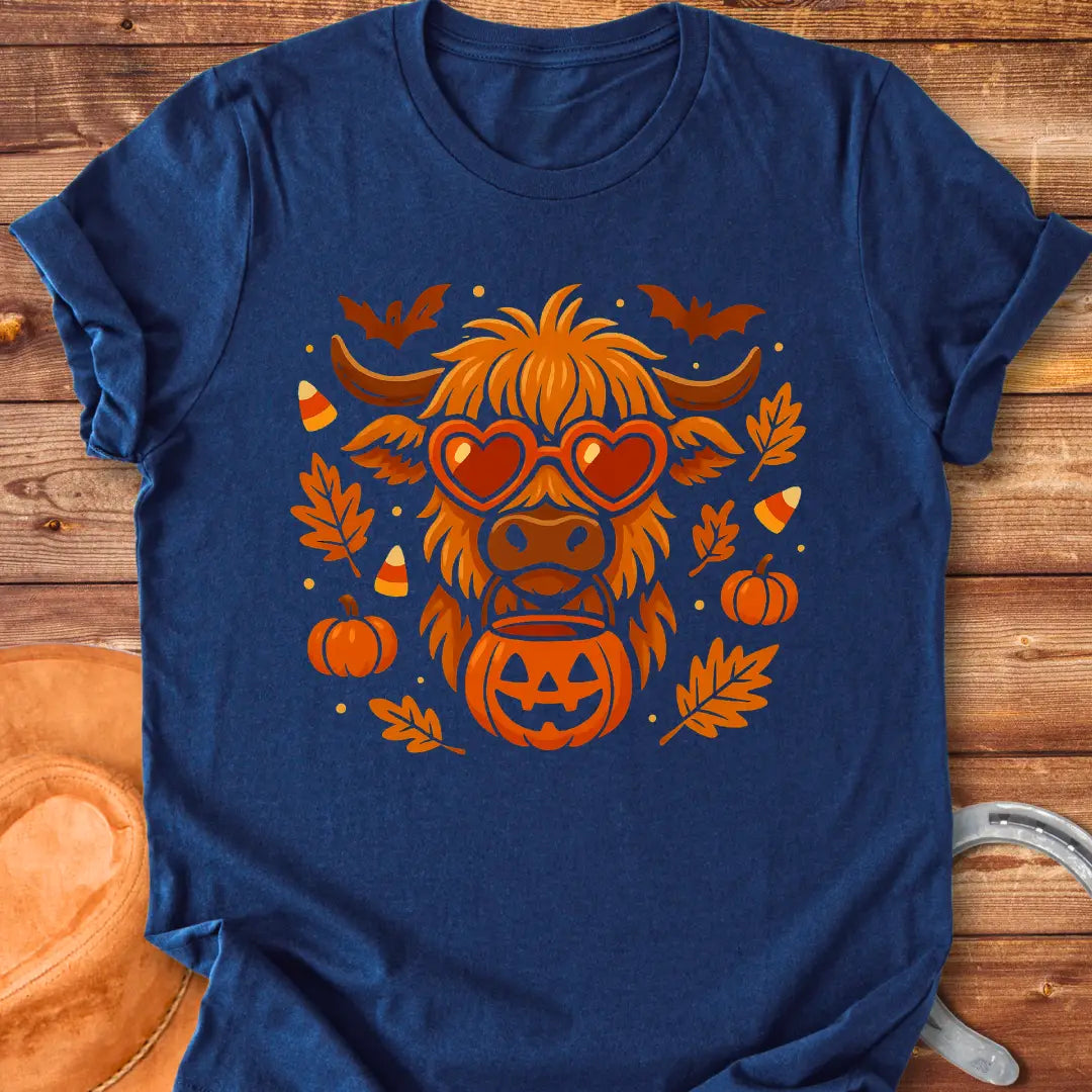 Trick or Treat Halloween Highland Cow T-Shirt design featuring pumpkins, leaves, and heart-shaped glasses.