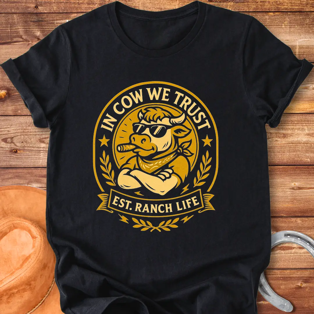 Trust Cow Badge T-Shirt featuring a cool cow wearing sunglasses and a bandana with the text 'In Cow We Trust' and 'Est. Ranch Life.'
