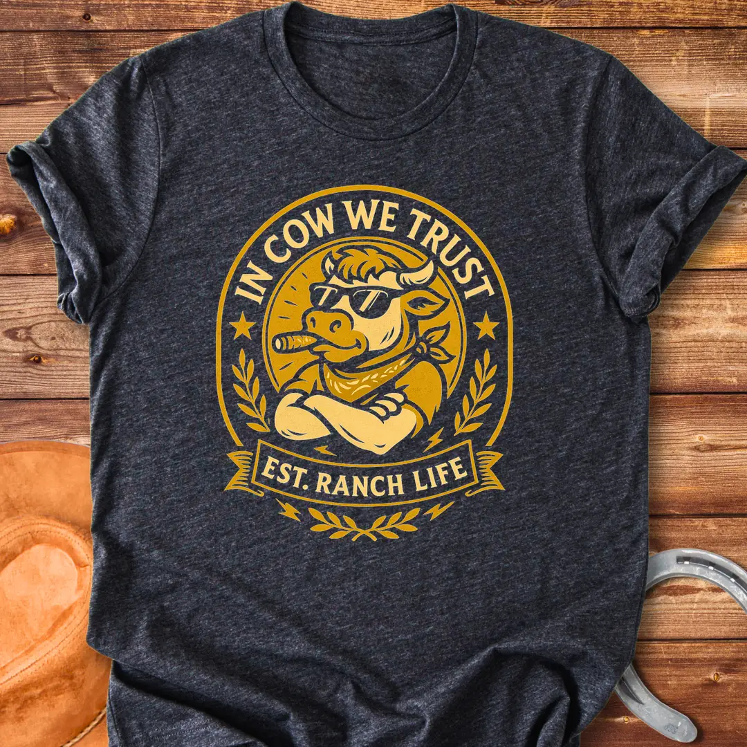 Trust Cow Badge T-Shirt featuring a cool cow wearing sunglasses and a bandana with the text 'In Cow We Trust' and 'Est. Ranch Life.'