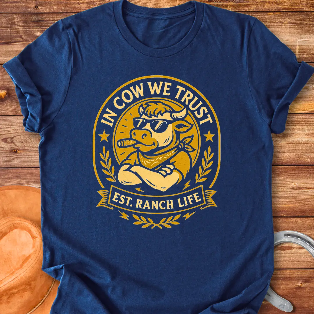 Trust Cow Badge T-Shirt featuring a cool cow wearing sunglasses and a bandana with the text 'In Cow We Trust' and 'Est. Ranch Life.'