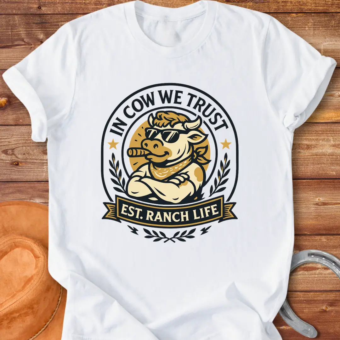 Trust Cow Badge T-Shirt featuring a cool cow wearing sunglasses and a bandana with the text 'In Cow We Trust' and 'Est. Ranch Life.'