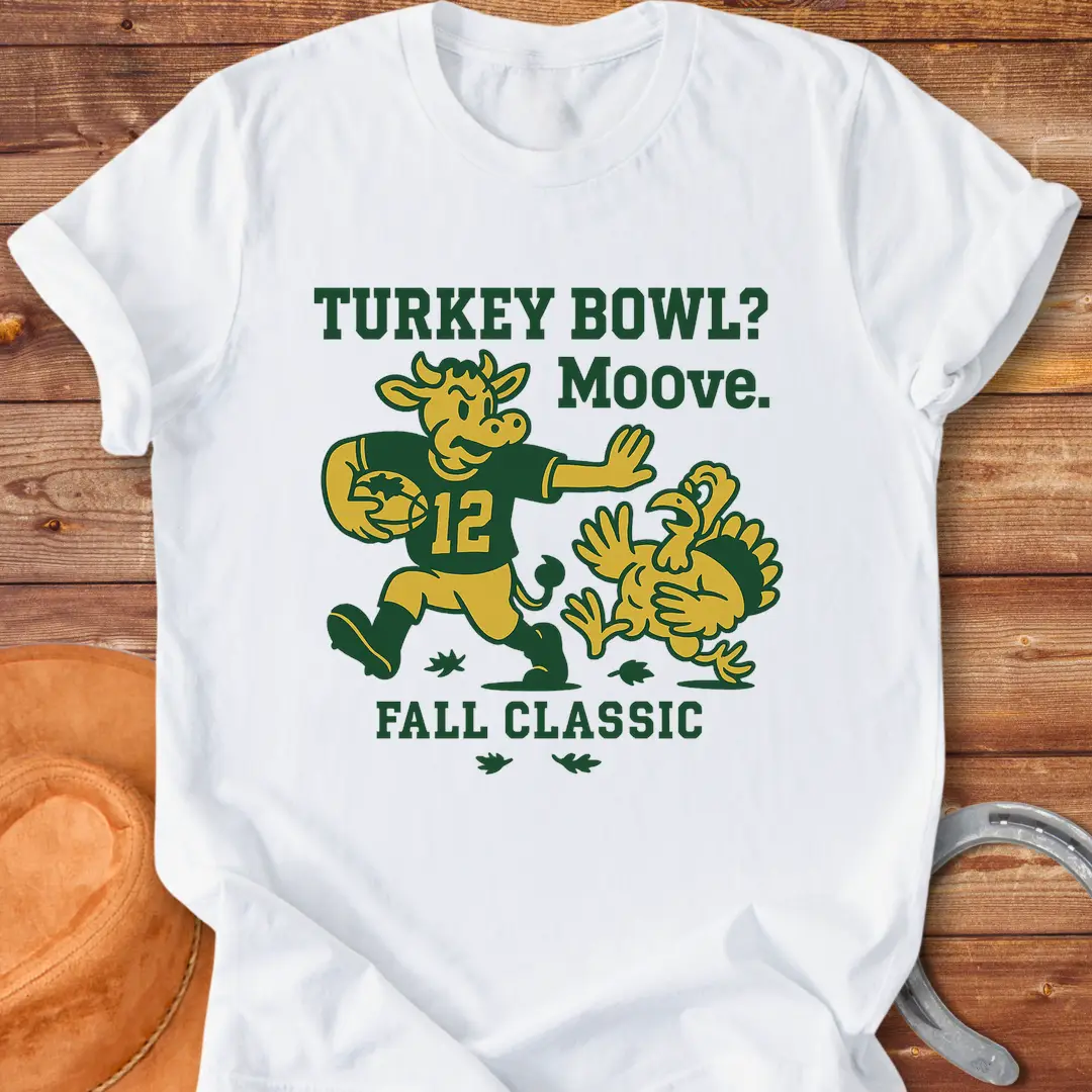 Illustration of a cow playing football and chasing a turkey with the words 'Turkey Bowl? Moove. Fall Classic' above and below them.