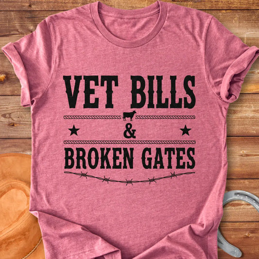 Vet Bills and Broken Gates t-shirt design with a cow silhouette, stars, and barbed wire.