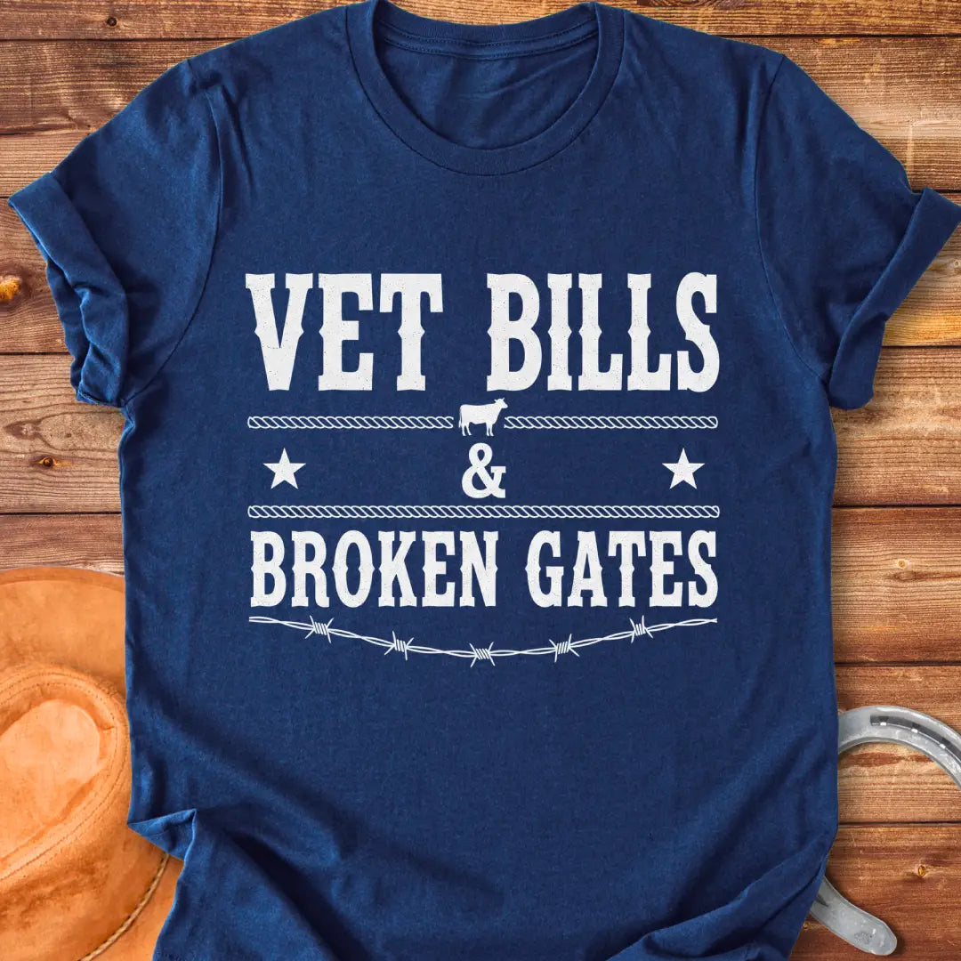 Vet Bills and Broken Gates t-shirt design with a cow silhouette, stars, and barbed wire.