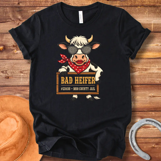 Cartoon cow wearing sunglasses and bandana, holding a sign that says 'Bad Heifer'.
