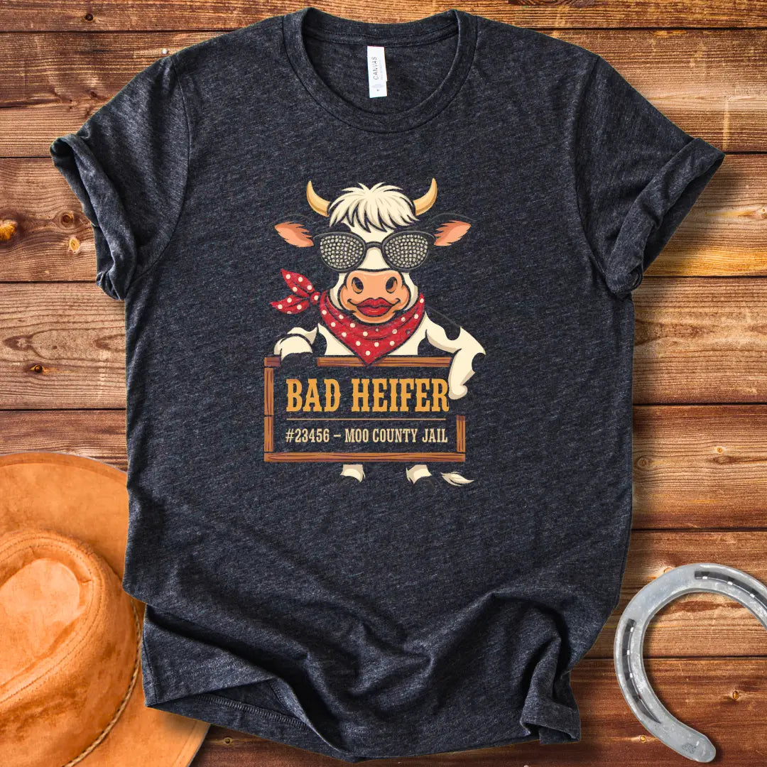 Cartoon cow wearing sunglasses and bandana, holding a sign that says 'Bad Heifer'.