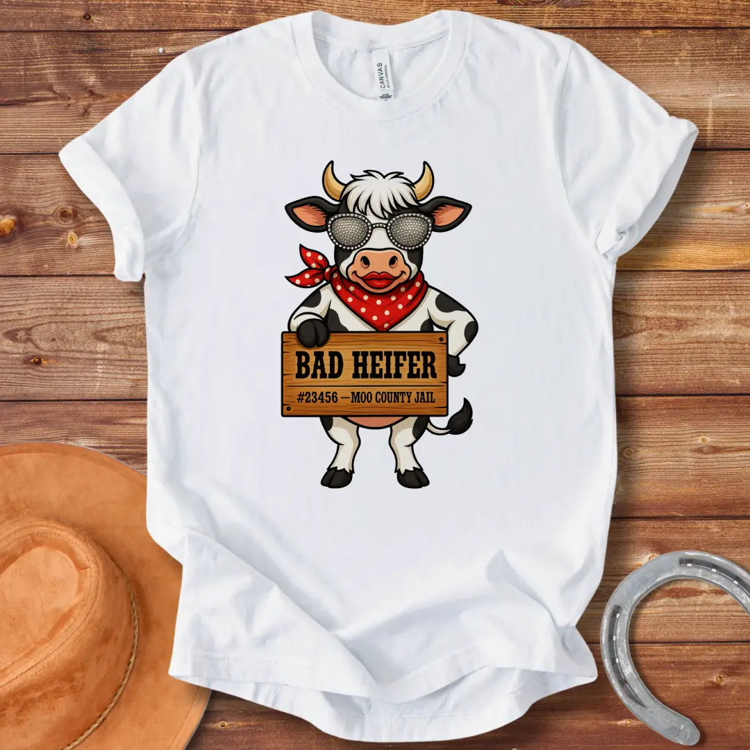 Cartoon cow wearing sunglasses and bandana, holding a sign that says 'Bad Heifer'.