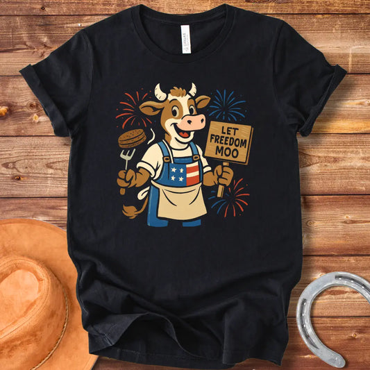 Illustration of a patriotic cow grilling burgers with a "Let Freedom Moo" sign, celebrating American Independence