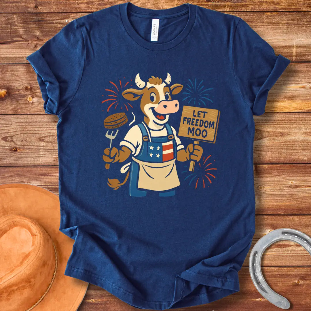 Illustration of a patriotic cow grilling burgers with a "Let Freedom Moo" sign, celebrating American Independence