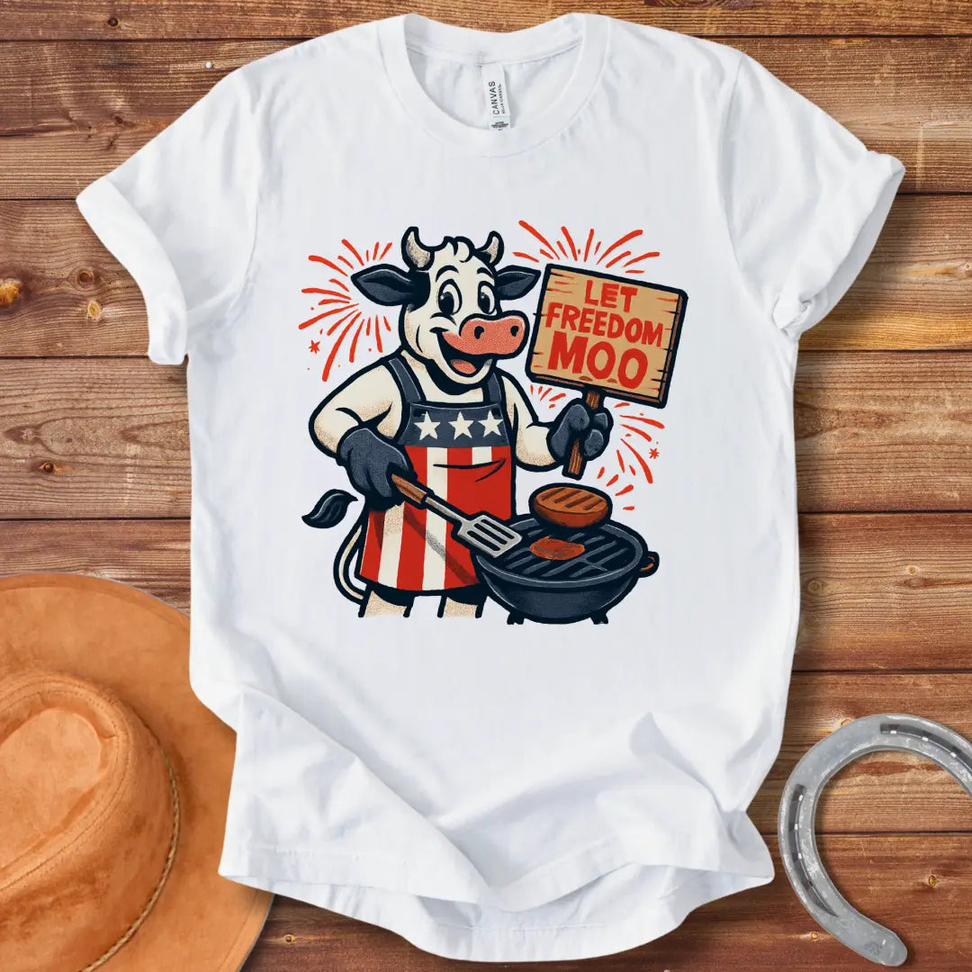 Illustration of a patriotic cow grilling burgers with a "Let Freedom Moo" sign, celebrating American Independence