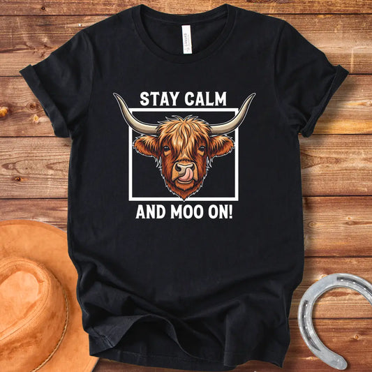 Highland cow graphic t-shirt with the phrase "Stay Calm and Moo On"