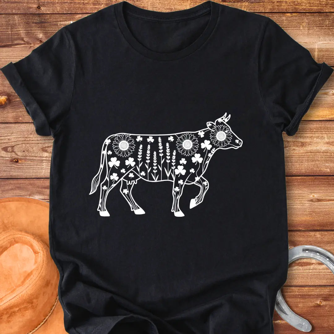 Line art of a cow filled with wildflowers, including sunflowers, lavender and clovers, on a black background.