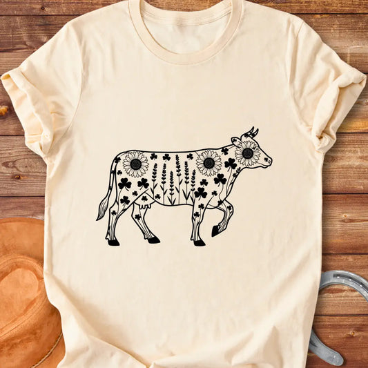 Line art of a cow filled with wildflowers, including sunflowers, lavender and clovers, on a black background.