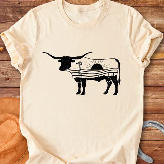 Longhorn cattle art t-shirt with a windmill and plains design