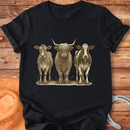 Woodland Cow Portrait Trio T-Shirt featuring illustrations of three cows: a highland cow and two other breeds