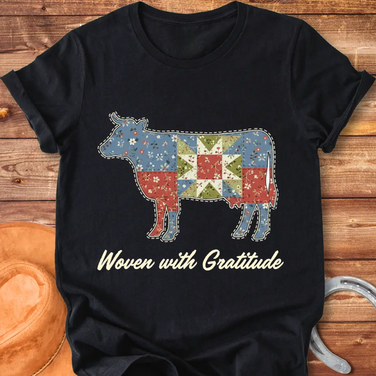 Patchwork cow design on a t-shirt. Features a cow silhouette made of floral fabric, with the words 'Woven with Gratitude' underneath.